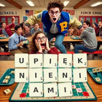 Kreatywna ilustracja do gry w Scrabble ze słowem UPIĘKNIENIAMI ułożonym z płytek na planszy.