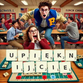 Kreatywna ilustracja do gry w Scrabble ze słowem UPIĘKNIJCIE ułożonym z płytek na planszy.