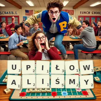 Kreatywna ilustracja do gry w Scrabble ze słowem UPIŁOWALIŚMY ułożonym z płytek na planszy.