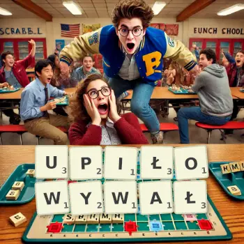 Kreatywna ilustracja do gry w Scrabble ze słowem UPIŁOWYWAŁ ułożonym z płytek na planszy.