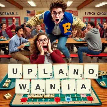 Kreatywna ilustracja do gry w Scrabble ze słowem UPLANOWANIA ułożonym z płytek na planszy.