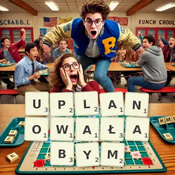 Kreatywna ilustracja do gry w Scrabble ze słowem UPLANOWAŁABYM ułożonym z płytek na planszy.