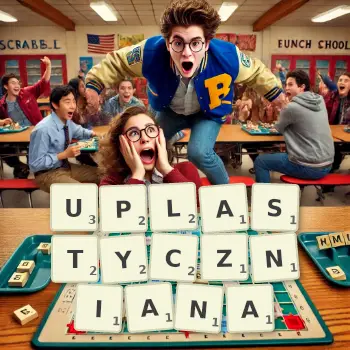 Kreatywna ilustracja do gry w Scrabble ze słowem UPLASTYCZNIANA ułożonym z płytek na planszy.