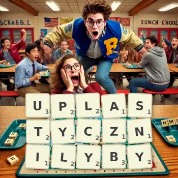 Kreatywna ilustracja do gry w Scrabble ze słowem UPLASTYCZNILYBY ułożonym z płytek na planszy.