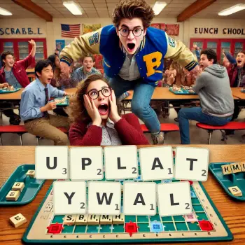 Kreatywna ilustracja do gry w Scrabble ze słowem UPLATYWAL ułożonym z płytek na planszy.