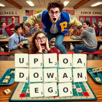 Kreatywna ilustracja do gry w Scrabble ze słowem UPLOADOWANEGO ułożonym z płytek na planszy.