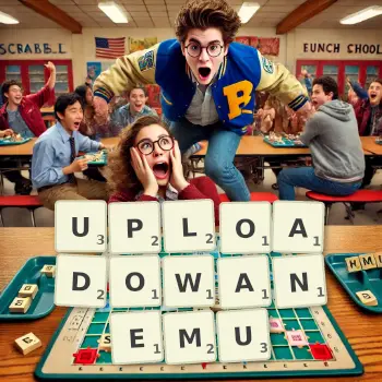 Kreatywna ilustracja do gry w Scrabble ze słowem UPLOADOWANEMU ułożonym z płytek na planszy.