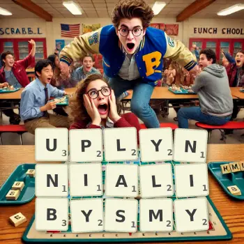 Kreatywna ilustracja do gry w Scrabble ze słowem UPLYNNIALIBYSMY ułożonym z płytek na planszy.