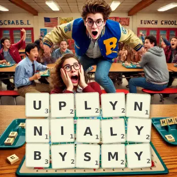 Kreatywna ilustracja do gry w Scrabble ze słowem UPLYNNIALYBYSMY ułożonym z płytek na planszy.