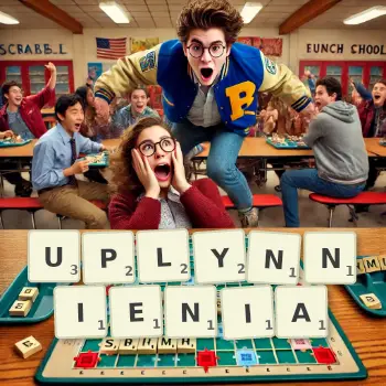 Kreatywna ilustracja do gry w Scrabble ze słowem UPLYNNIENIA ułożonym z płytek na planszy.