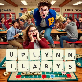 Kreatywna ilustracja do gry w Scrabble ze słowem UPLYNNILABYS ułożonym z płytek na planszy.