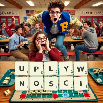 Kreatywna ilustracja do gry w Scrabble ze słowem UPLYWNOSCI ułożonym z płytek na planszy.