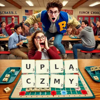 Kreatywna ilustracja do gry w Scrabble ze słowem UPLĄCZMY ułożonym z płytek na planszy.