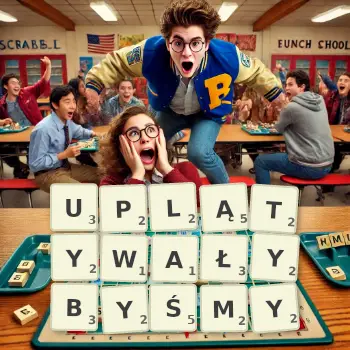 Kreatywna ilustracja do gry w Scrabble ze słowem UPLĄTYWAŁYBYŚMY ułożonym z płytek na planszy.