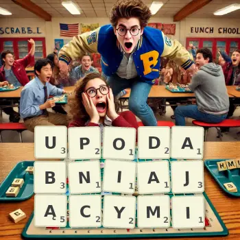 Kreatywna ilustracja do gry w Scrabble ze słowem UPODABNIAJĄCYMI ułożonym z płytek na planszy.