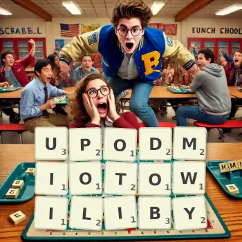 Kreatywna ilustracja do gry w Scrabble ze słowem UPODMIOTOWILIBY ułożonym z płytek na planszy.