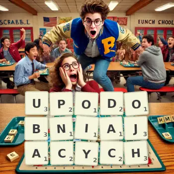 Kreatywna ilustracja do gry w Scrabble ze słowem UPODOBNIAJACYCH ułożonym z płytek na planszy.