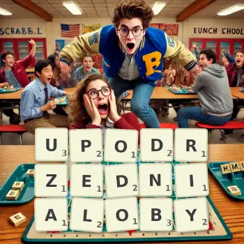 Kreatywna ilustracja do gry w Scrabble ze słowem UPODRZEDNIALOBY ułożonym z płytek na planszy.