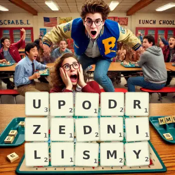 Kreatywna ilustracja do gry w Scrabble ze słowem UPODRZEDNILISMY ułożonym z płytek na planszy.