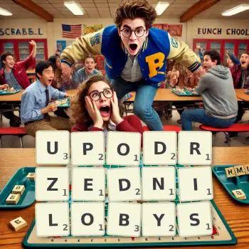 Kreatywna ilustracja do gry w Scrabble ze słowem UPODRZEDNILOBYS ułożonym z płytek na planszy.