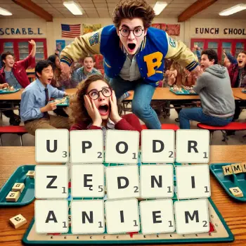 Kreatywna ilustracja do gry w Scrabble ze słowem UPODRZĘDNIANIEM ułożonym z płytek na planszy.