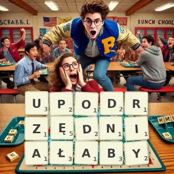 Kreatywna ilustracja do gry w Scrabble ze słowem UPODRZĘDNIAŁABY ułożonym z płytek na planszy.