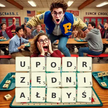 Kreatywna ilustracja do gry w Scrabble ze słowem UPODRZĘDNIAŁBYŚ ułożonym z płytek na planszy.