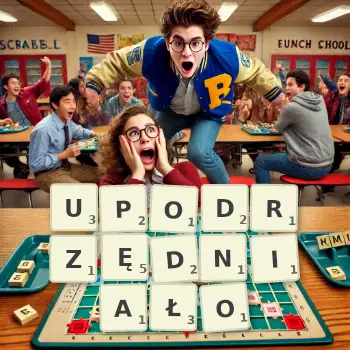Kreatywna ilustracja do gry w Scrabble ze słowem UPODRZĘDNIAŁO ułożonym z płytek na planszy.