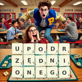 Kreatywna ilustracja do gry w Scrabble ze słowem UPODRZĘDNIONEGO ułożonym z płytek na planszy.