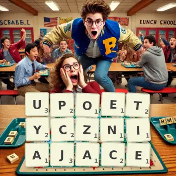 Kreatywna ilustracja do gry w Scrabble ze słowem UPOETYCZNIAJACE ułożonym z płytek na planszy.