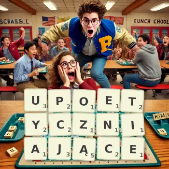 Kreatywna ilustracja do gry w Scrabble ze słowem UPOETYCZNIAJĄCE ułożonym z płytek na planszy.