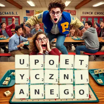 Kreatywna ilustracja do gry w Scrabble ze słowem UPOETYCZNIANEGO ułożonym z płytek na planszy.