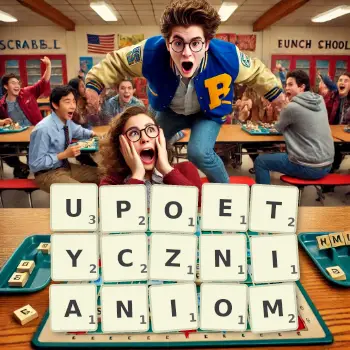 Kreatywna ilustracja do gry w Scrabble ze słowem UPOETYCZNIANIOM ułożonym z płytek na planszy.