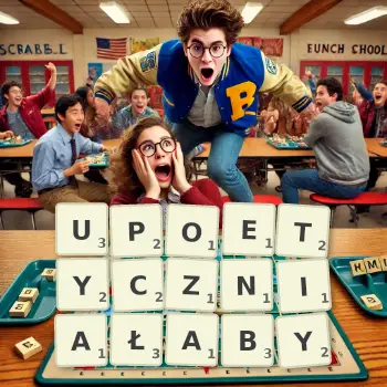 Kreatywna ilustracja do gry w Scrabble ze słowem UPOETYCZNIAŁABY ułożonym z płytek na planszy.