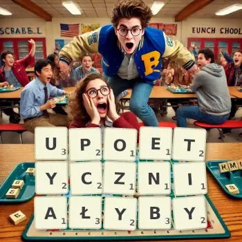 Kreatywna ilustracja do gry w Scrabble ze słowem UPOETYCZNIAŁYBY ułożonym z płytek na planszy.