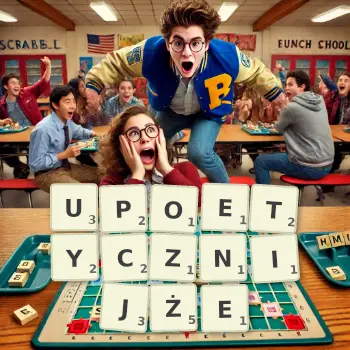 Kreatywna ilustracja do gry w Scrabble ze słowem UPOETYCZNIJŻE ułożonym z płytek na planszy.