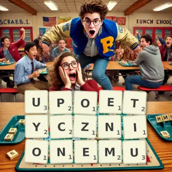 Kreatywna ilustracja do gry w Scrabble ze słowem UPOETYCZNIONEMU ułożonym z płytek na planszy.