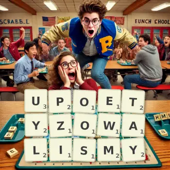 Kreatywna ilustracja do gry w Scrabble ze słowem UPOETYZOWALISMY ułożonym z płytek na planszy.