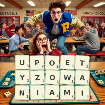 Kreatywna ilustracja do gry w Scrabble ze słowem UPOETYZOWANIAMI ułożonym z płytek na planszy.