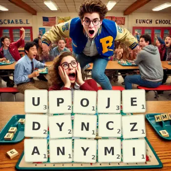 Kreatywna ilustracja do gry w Scrabble ze słowem UPOJEDYNCZANYMI ułożonym z płytek na planszy.