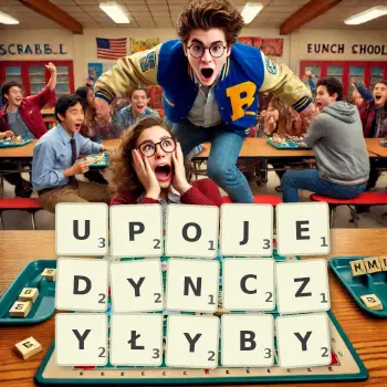 Kreatywna ilustracja do gry w Scrabble ze słowem UPOJEDYNCZYŁYBY ułożonym z płytek na planszy.