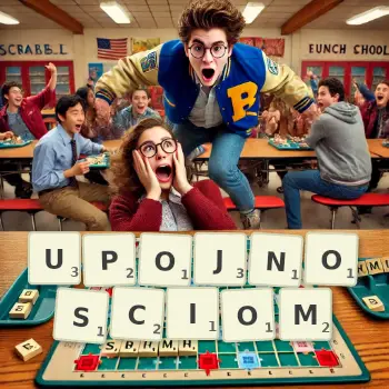 Kreatywna ilustracja do gry w Scrabble ze słowem UPOJNOSCIOM ułożonym z płytek na planszy.