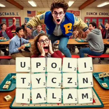 Kreatywna ilustracja do gry w Scrabble ze słowem UPOLITYCZNIALAM ułożonym z płytek na planszy.