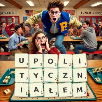 Kreatywna ilustracja do gry w Scrabble ze słowem UPOLITYCZNIAŁEM ułożonym z płytek na planszy.