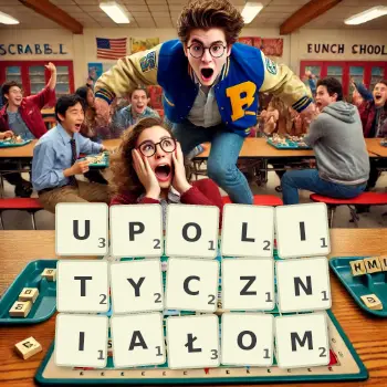 Kreatywna ilustracja do gry w Scrabble ze słowem UPOLITYCZNIAŁOM ułożonym z płytek na planszy.