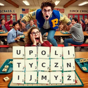 Kreatywna ilustracja do gry w Scrabble ze słowem UPOLITYCZNIJMYŻ ułożonym z płytek na planszy.