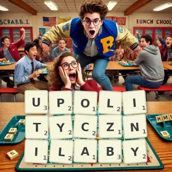 Kreatywna ilustracja do gry w Scrabble ze słowem UPOLITYCZNILABY ułożonym z płytek na planszy.