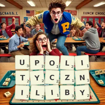 Kreatywna ilustracja do gry w Scrabble ze słowem UPOLITYCZNILIBY ułożonym z płytek na planszy.