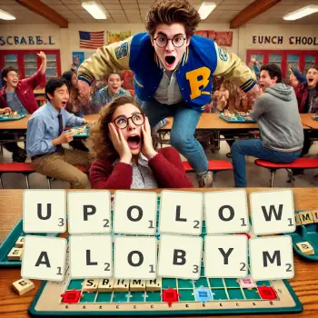 Kreatywna ilustracja do gry w Scrabble ze słowem UPOLOWALOBYM ułożonym z płytek na planszy.