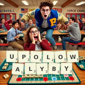 Kreatywna ilustracja do gry w Scrabble ze słowem UPOLOWALYBY ułożonym z płytek na planszy.